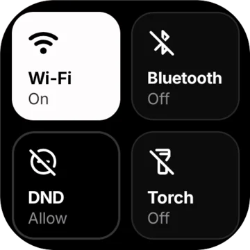 Toggles for Wi-Fi, Bluetooth, Do not disturb and torch